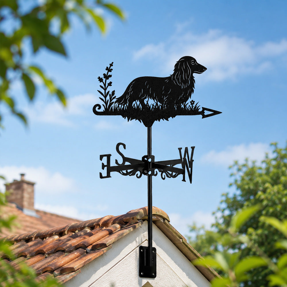 Long Haired Dachshund metal weather vane with directional arrows and mounting rod, outdoor roof and garden decoration