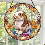 Lop eared bunny floral stained glass suncatcher window hanging, suitable for home and garden decoration