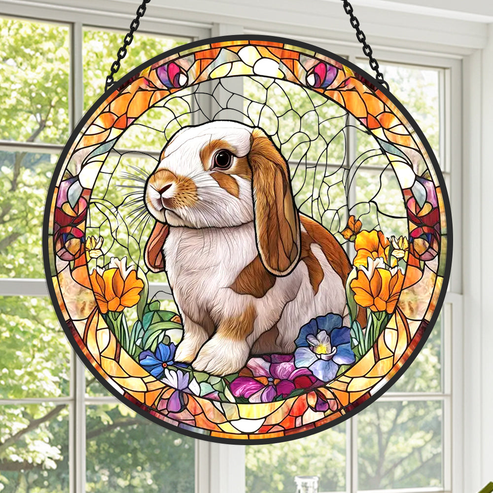 Lop eared bunny floral stained glass suncatcher window hanging, suitable for home and garden decoration