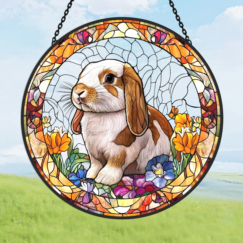 Lop eared bunny floral stained glass suncatcher window hanging, suitable for home and garden decoration