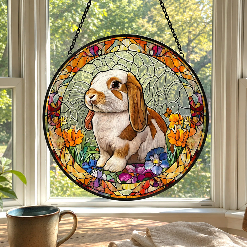 Lop eared bunny floral stained glass suncatcher window hanging, suitable for home and garden decoration