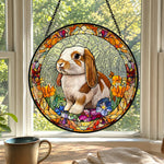 Lop eared bunny floral stained glass suncatcher window hanging, suitable for home and garden decoration