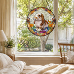 Lop eared bunny floral stained glass suncatcher window hanging, suitable for home and garden decoration