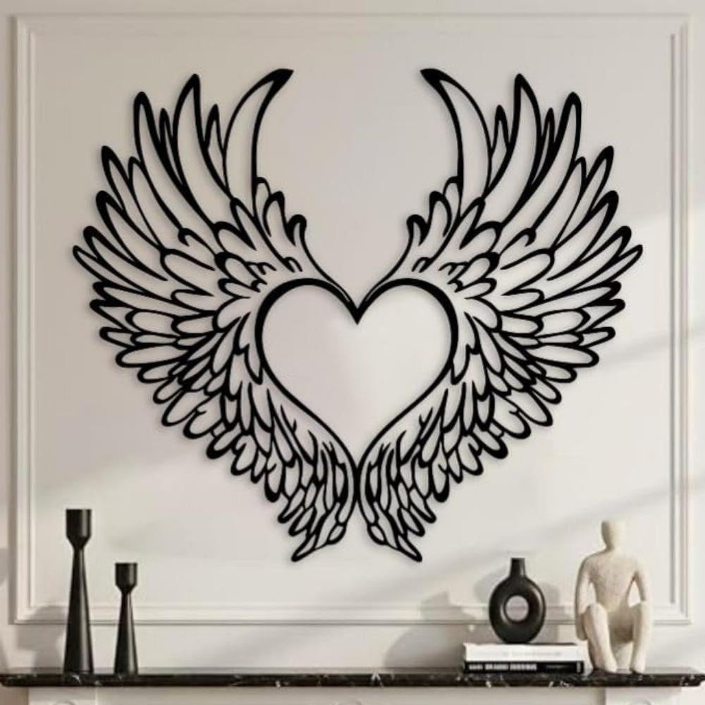 Black metal Love Angel wings wall art with intricate cutout details displayed on the wall
