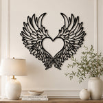 Black metal Love Angel wings wall art with intricate cutout details displayed on the wall