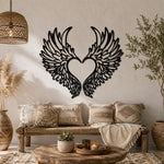 Black metal Love Angel wings wall art with intricate cutout details displayed on the wall