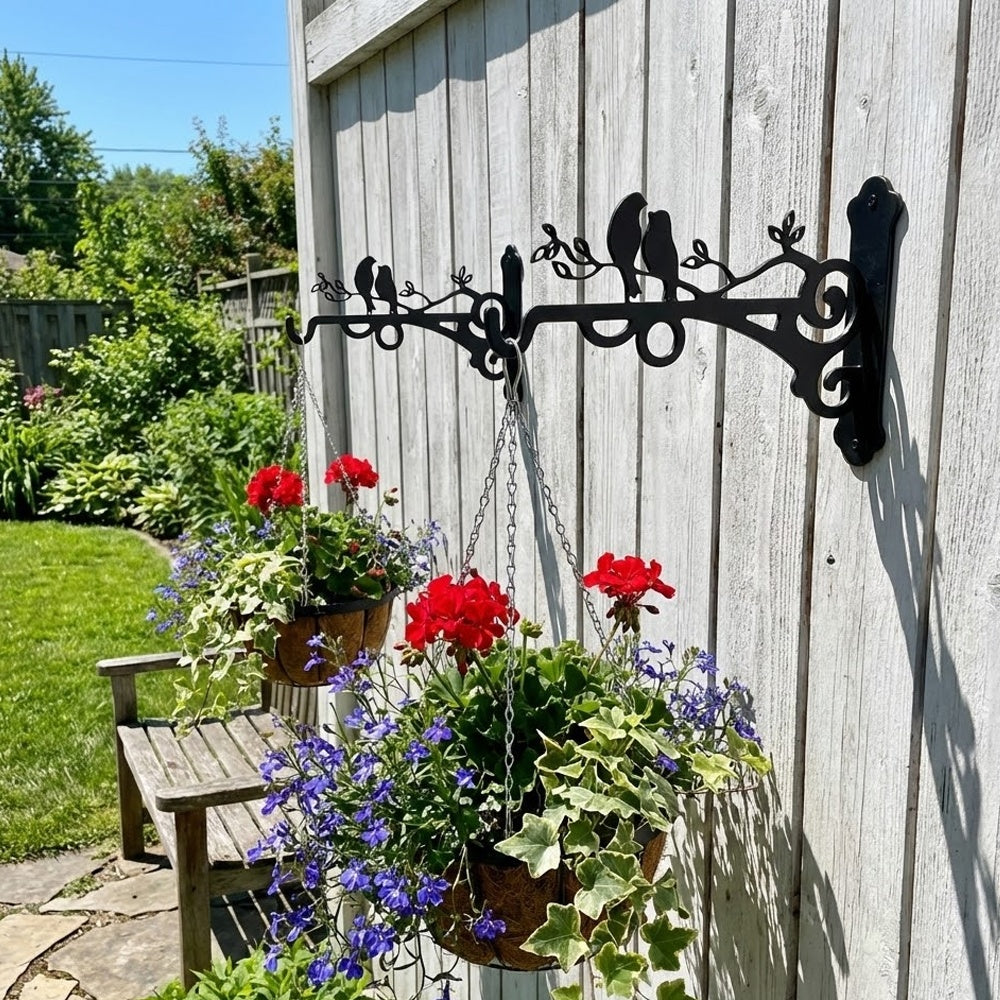 Love birds on branch metal hanging basket bracket mounted on outdoor wall for plant decoration