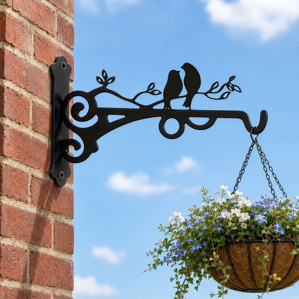 Love birds on branch metal hanging basket bracket mounted on outdoor wall for plant decoration