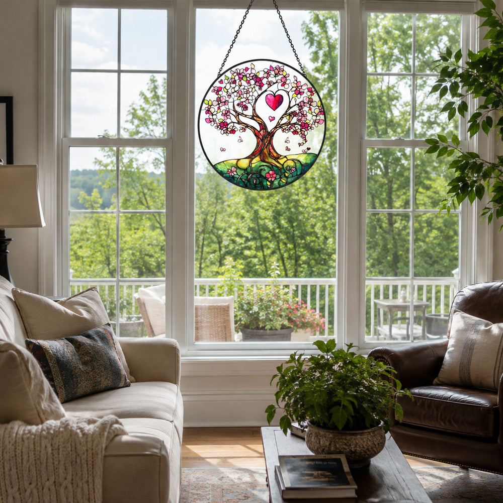 Love heart tree stained glass suncatcher window hanging, suitable for home and garden decoration