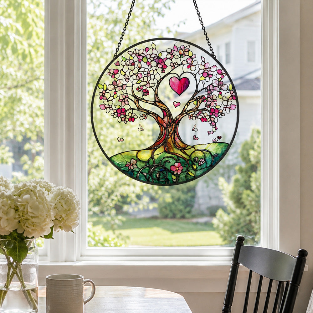 Love heart tree stained glass suncatcher window hanging, suitable for home and garden decoration