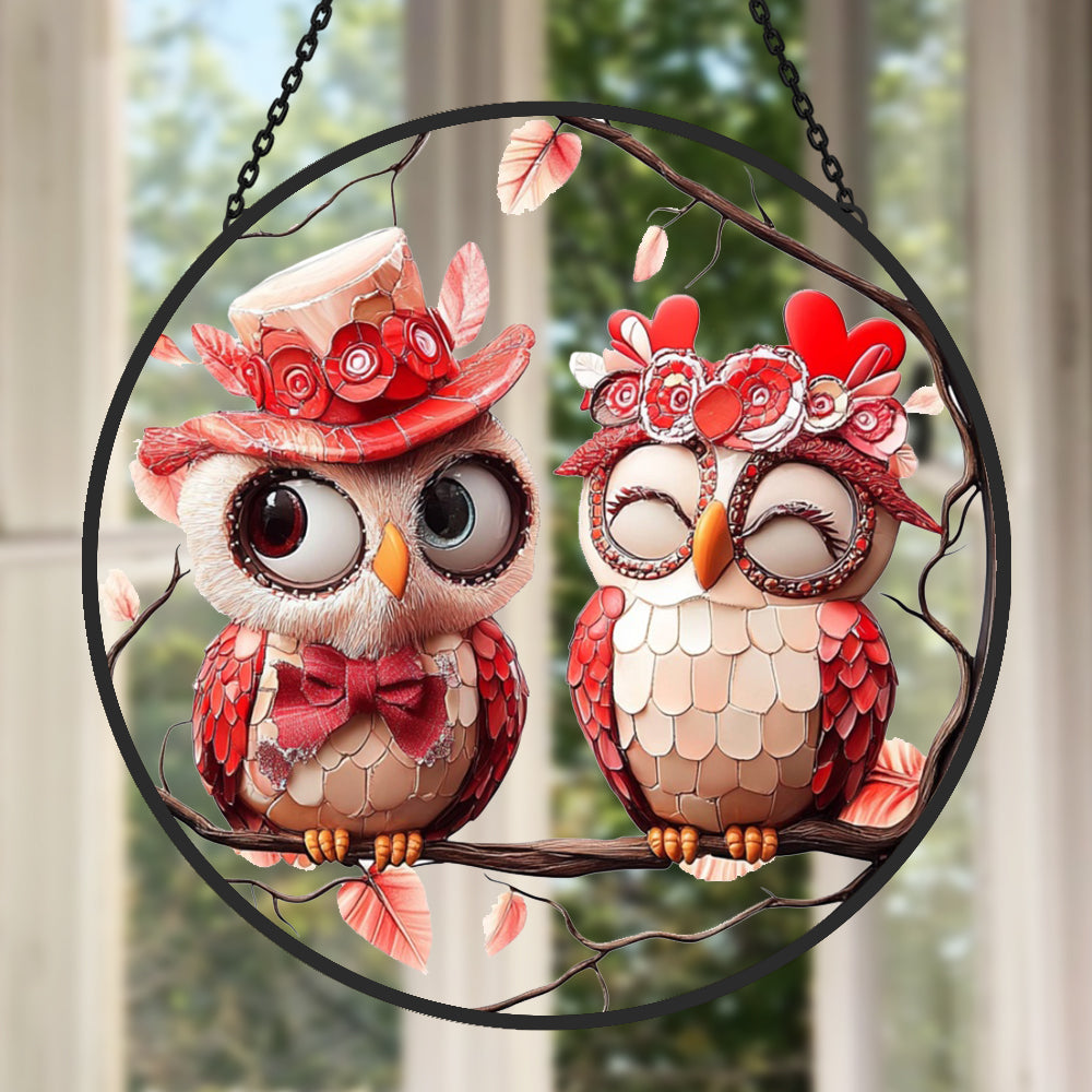 Love owl couple stained glass suncatcher window hanging, suitable for home and garden decoration
