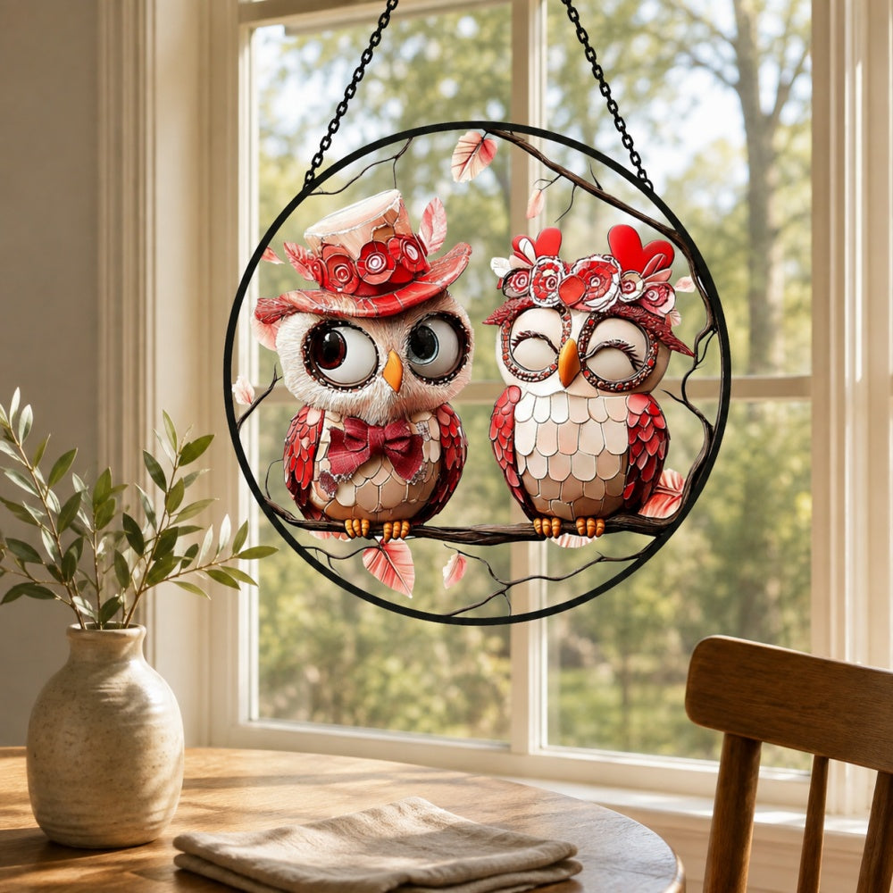 Love owl couple stained glass suncatcher window hanging, suitable for home and garden decoration