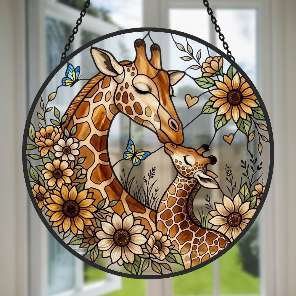 Loving giraffe mother and calf stained glass suncatcher window hanging, suitable for home and garden decoration