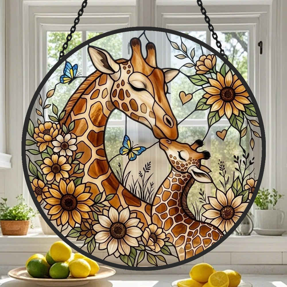 Loving giraffe mother and calf stained glass suncatcher window hanging, suitable for home and garden decoration