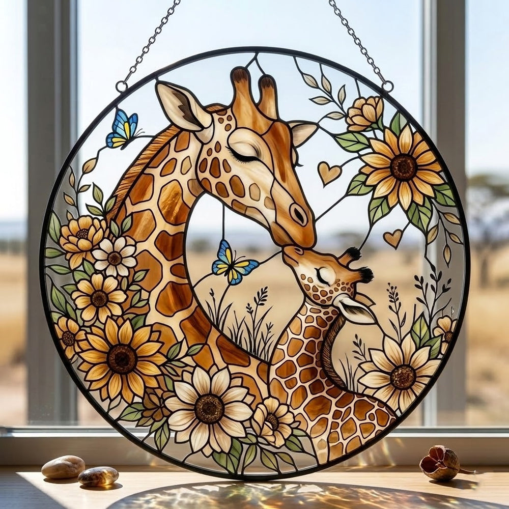 Loving giraffe mother and calf stained glass suncatcher window hanging, suitable for home and garden decoration