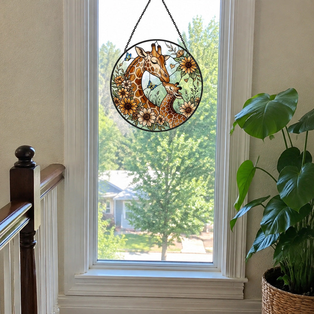 Loving giraffe mother and calf stained glass suncatcher window hanging, suitable for home and garden decoration