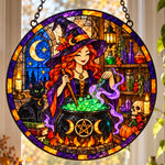 Magical Potion Witch Halloween stained glass suncatcher window hanging, suitable for home and garden decoration