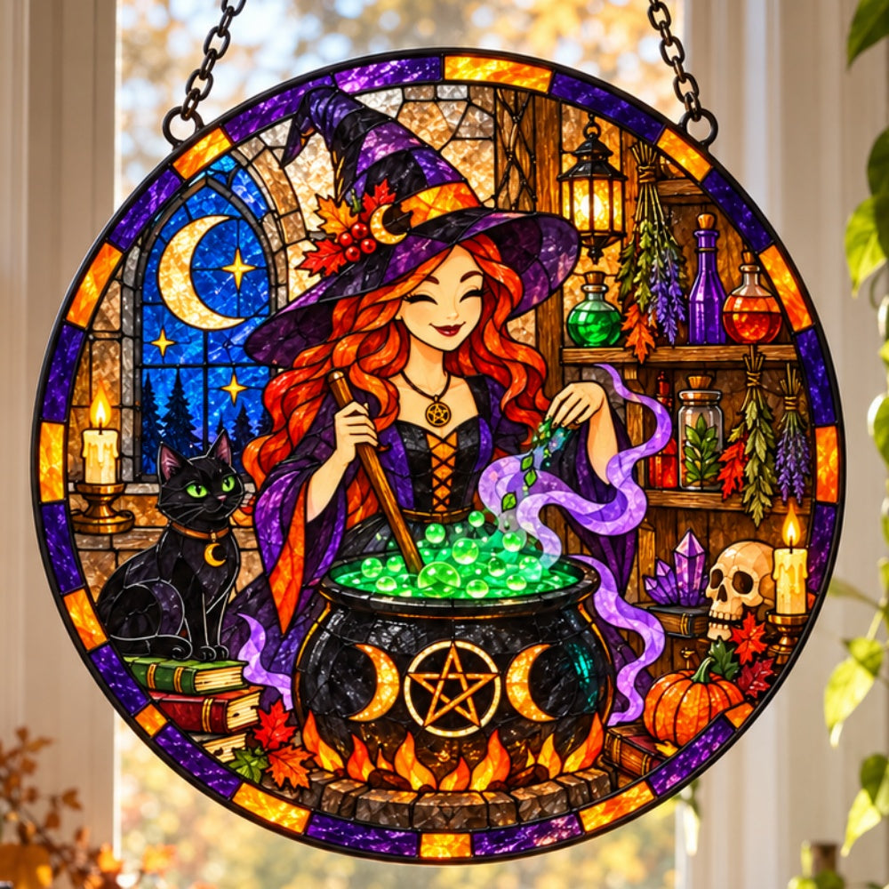 Magical Potion Witch Halloween stained glass suncatcher window hanging, suitable for home and garden decoration
