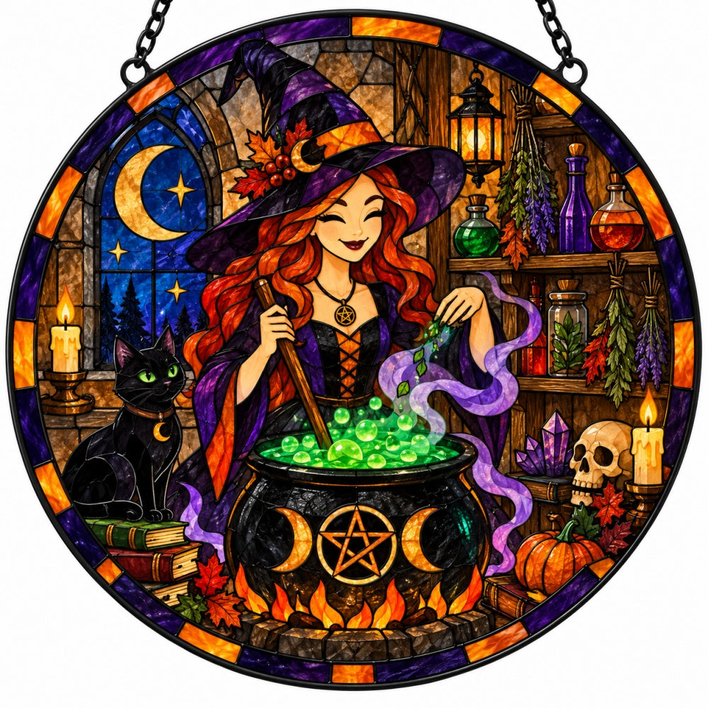Magical Potion Witch Halloween stained glass suncatcher window hanging, suitable for home and garden decoration