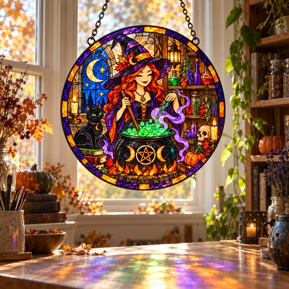Magical Potion Witch Halloween stained glass suncatcher window hanging, suitable for home and garden decoration