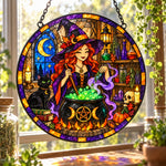 Magical Potion Witch Halloween stained glass suncatcher window hanging, suitable for home and garden decoration
