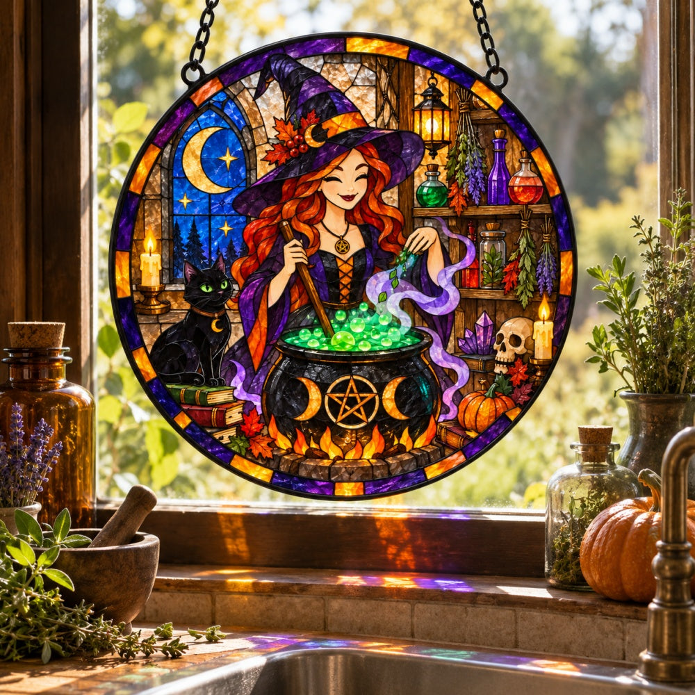Magical Potion Witch Halloween stained glass suncatcher window hanging, suitable for home and garden decoration