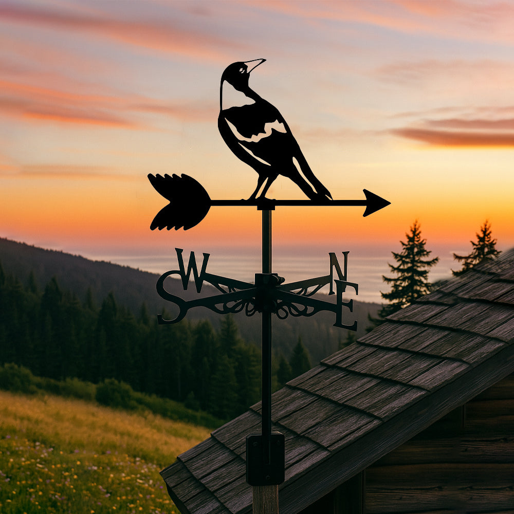 Magpie bird metal weather vane with directional arrows and mounting rod, outdoor roof and garden decoration