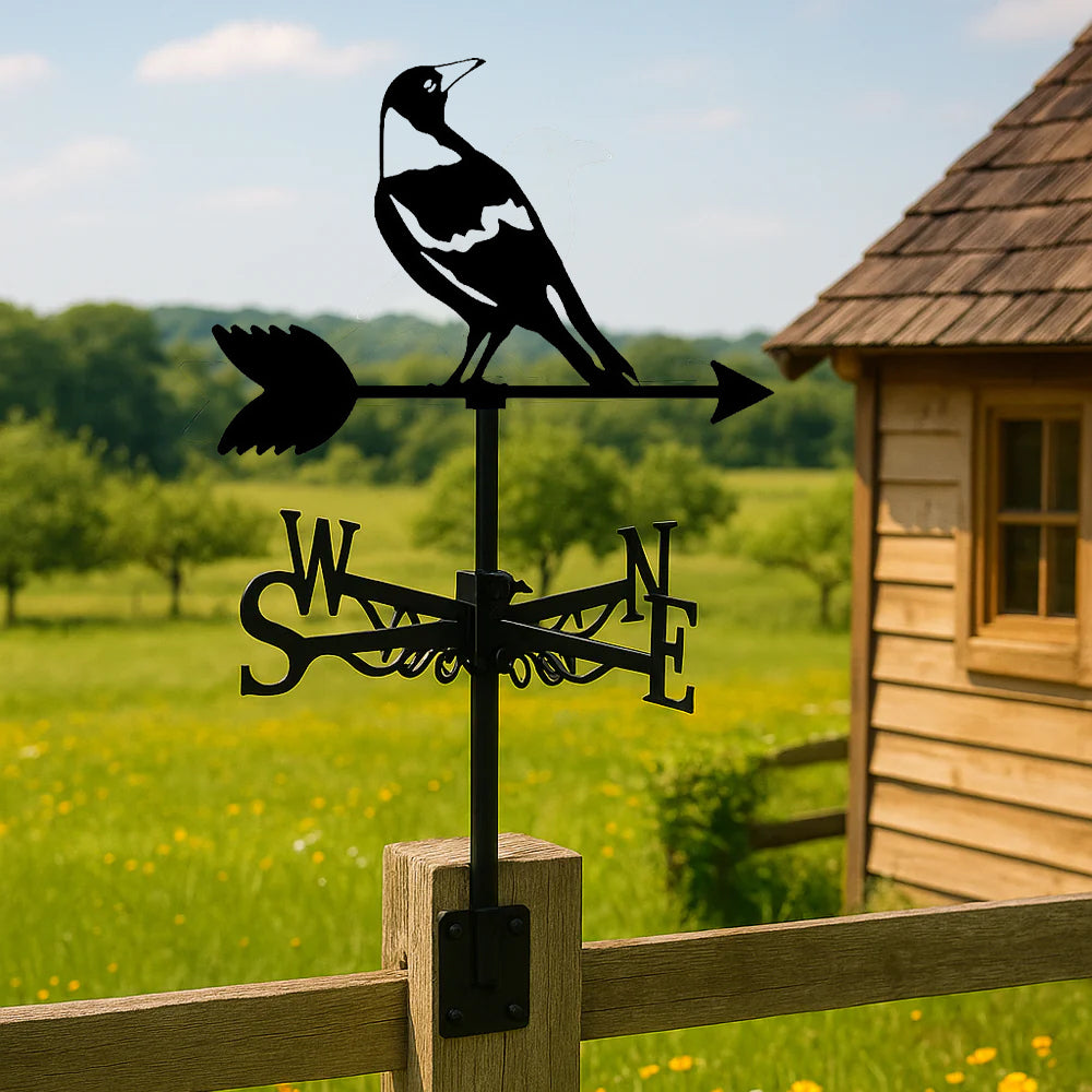 Magpie bird metal weather vane with directional arrows and mounting rod, outdoor roof and garden decoration