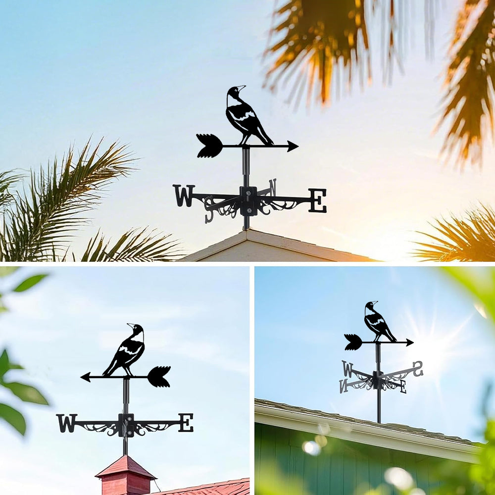Magpie bird metal weather vane with directional arrows and mounting rod, outdoor roof and garden decoration