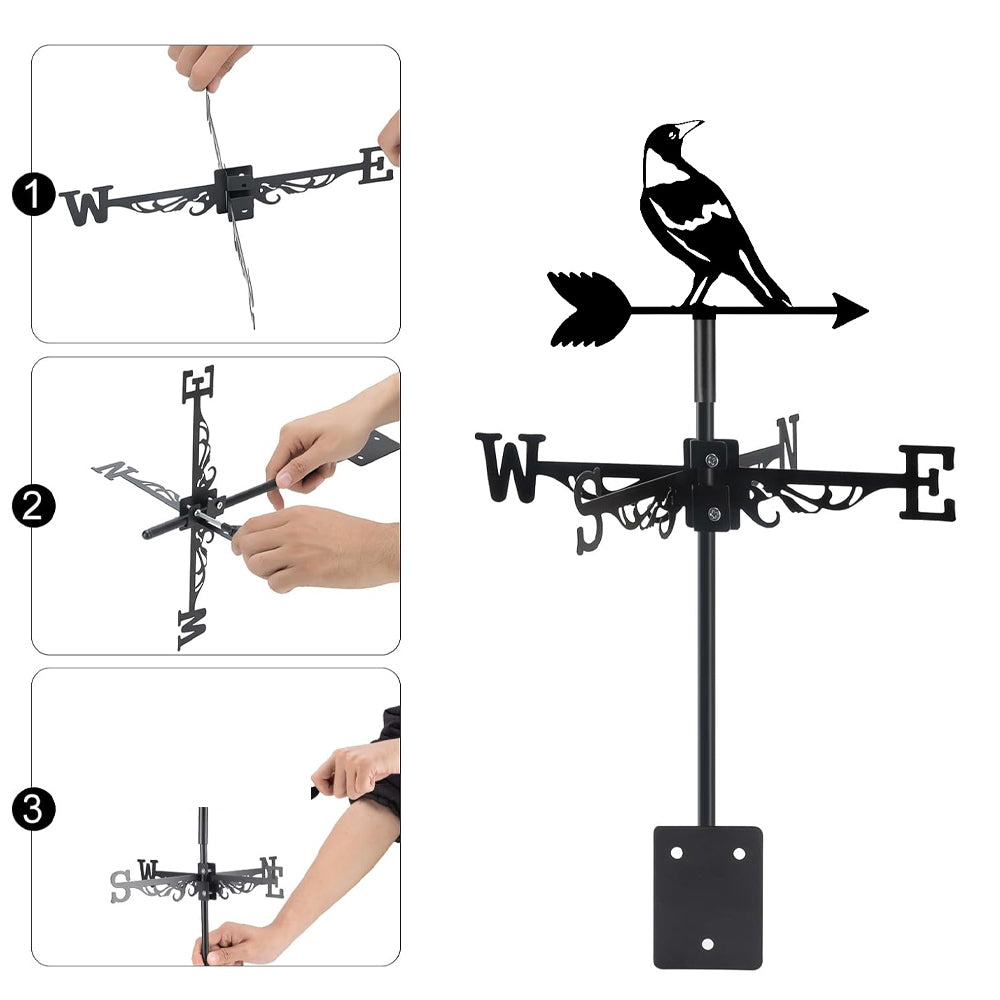 Magpie bird metal weather vane with directional arrows and mounting rod, outdoor roof and garden decoration