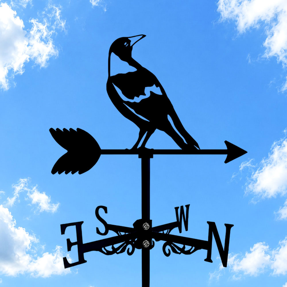 Magpie bird metal weather vane with directional arrows and mounting rod, outdoor roof and garden decoration
