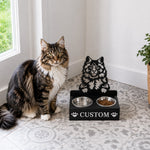 Personalized maine coon cat metal cat bowl stand with custom name cutout and two removable feeding bowls