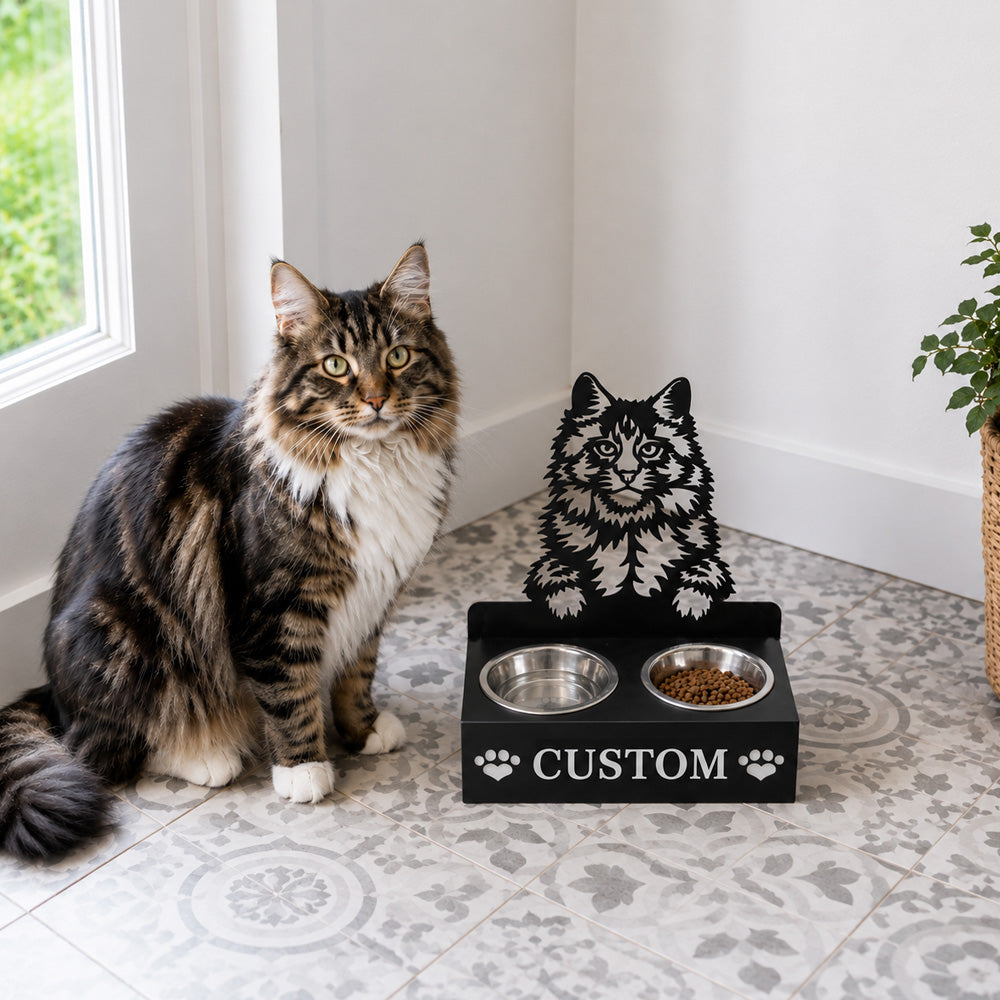 Personalized maine coon cat metal cat bowl stand with custom name cutout and two removable feeding bowls