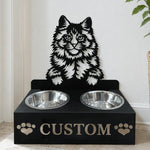 Personalized maine coon cat metal cat bowl stand with custom name cutout and two removable feeding bowls