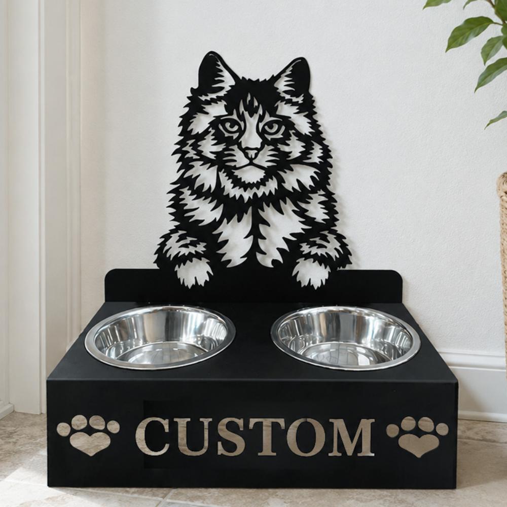 Personalized maine coon cat metal cat bowl stand with custom name cutout and two removable feeding bowls
