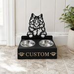 Personalized maine coon cat metal cat bowl stand with custom name cutout and two removable feeding bowls