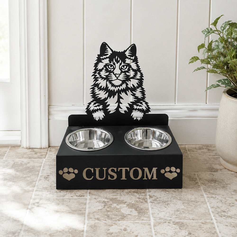 Personalized maine coon cat metal cat bowl stand with custom name cutout and two removable feeding bowls