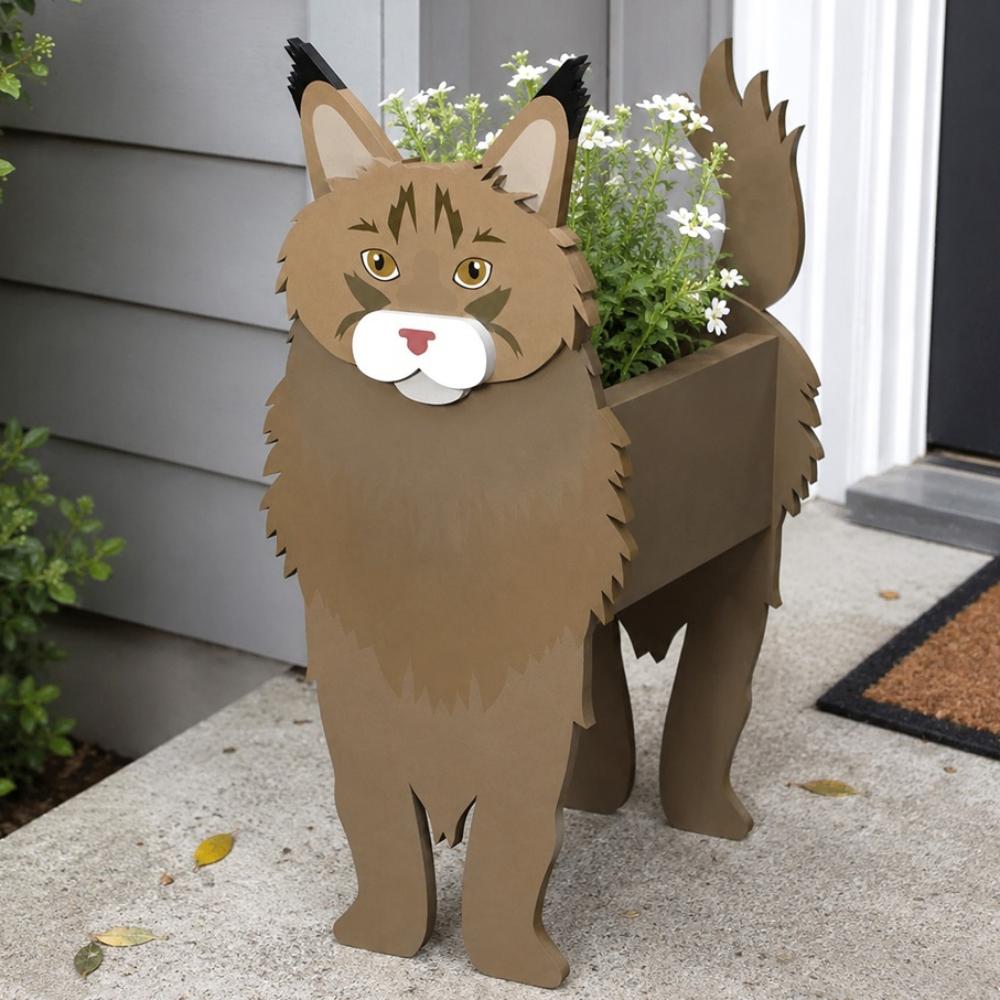 Maine Coon cat planter filled with fresh flowers is placed in the garden