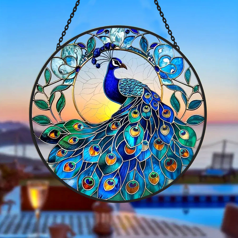 Majestic blue peacock stained glass suncatcher window hanging, suitable for home and garden decoration