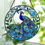 Majestic blue peacock stained glass suncatcher window hanging, suitable for home and garden decoration