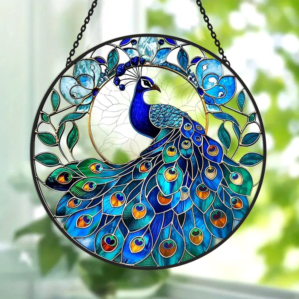 Majestic blue peacock stained glass suncatcher window hanging, suitable for home and garden decoration