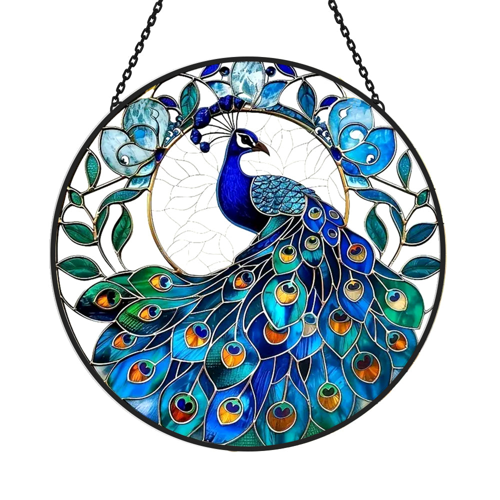 Majestic blue peacock stained glass suncatcher window hanging, suitable for home and garden decoration