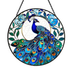 Majestic blue peacock stained glass suncatcher window hanging, suitable for home and garden decoration
