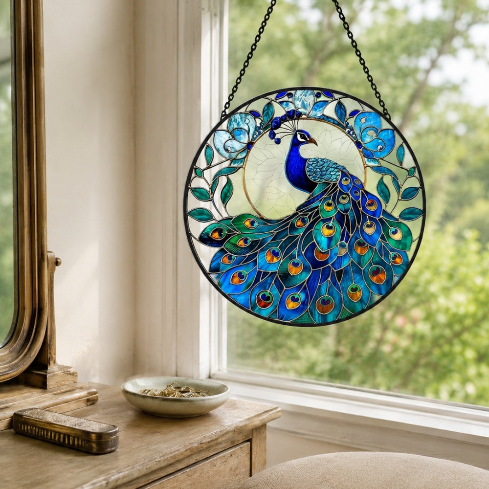 Majestic blue peacock stained glass suncatcher window hanging, suitable for home and garden decoration