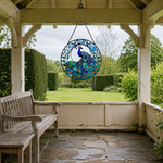 Majestic blue peacock stained glass suncatcher window hanging, suitable for home and garden decoration