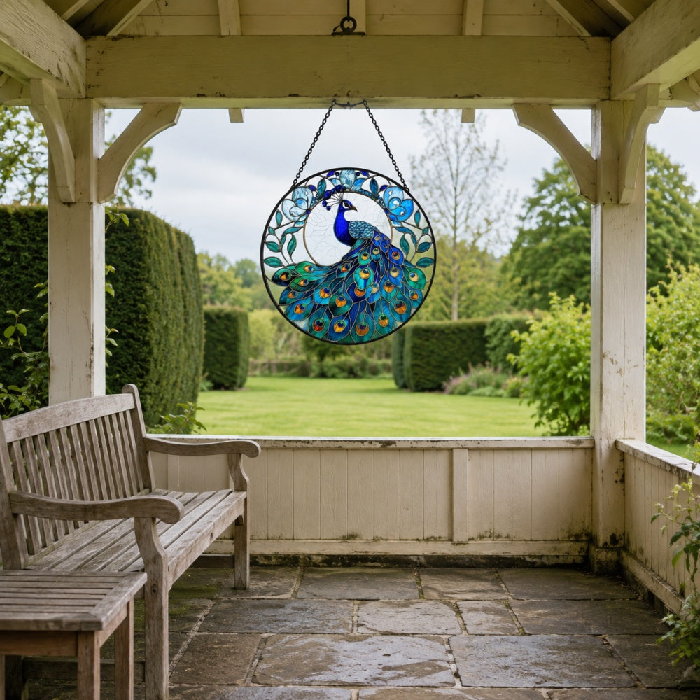 Majestic blue peacock stained glass suncatcher window hanging, suitable for home and garden decoration