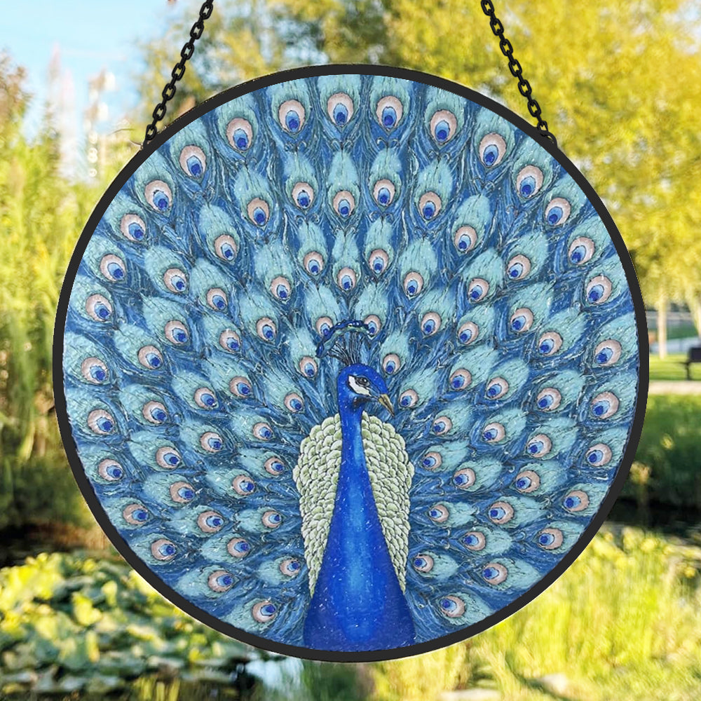 majestic peacock stained glass suncatcher window hanging, suitable for home and garden decoration.