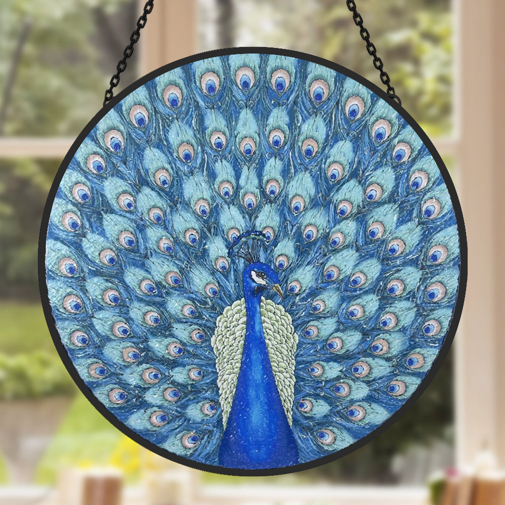 majestic peacock stained glass suncatcher window hanging, suitable for home and garden decoration.