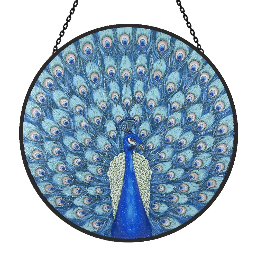majestic peacock stained glass suncatcher window hanging, suitable for home and garden decoration.
