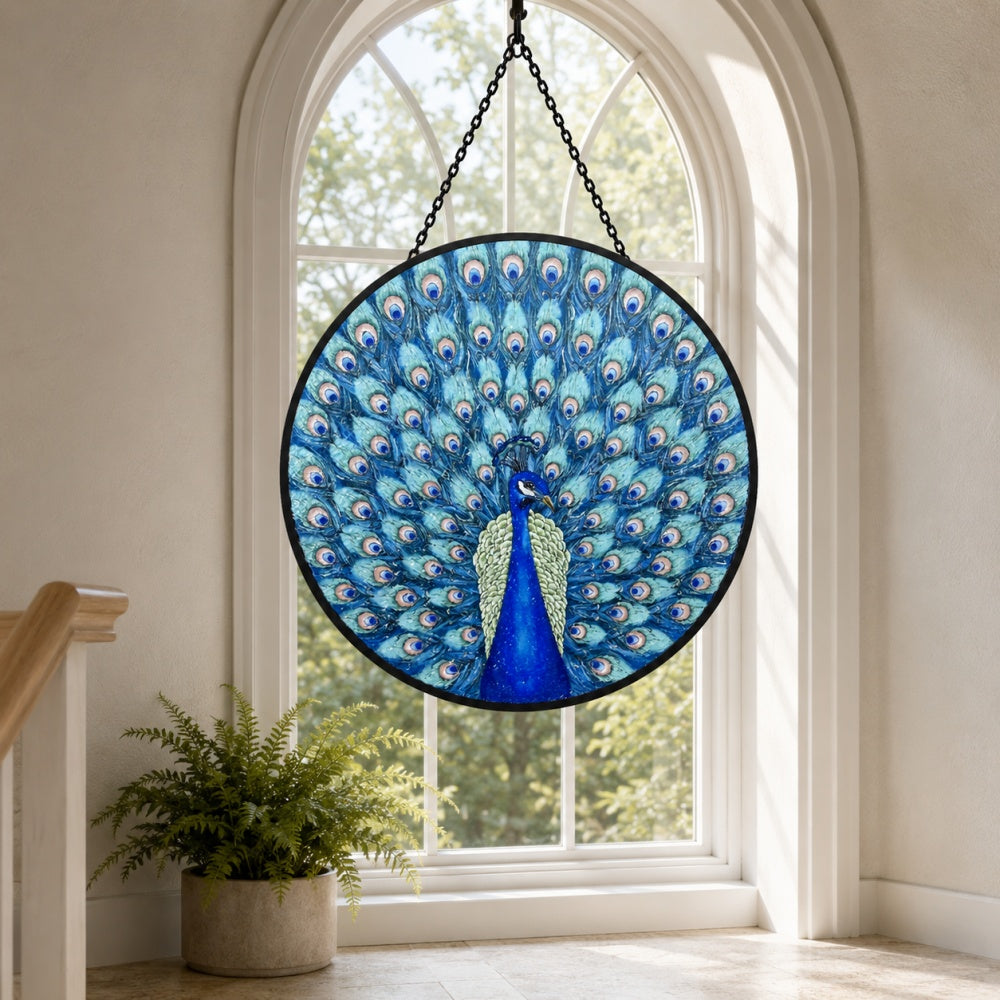 Majestic peacock stained glass suncatcher window hanging, suitable for home and garden decoration